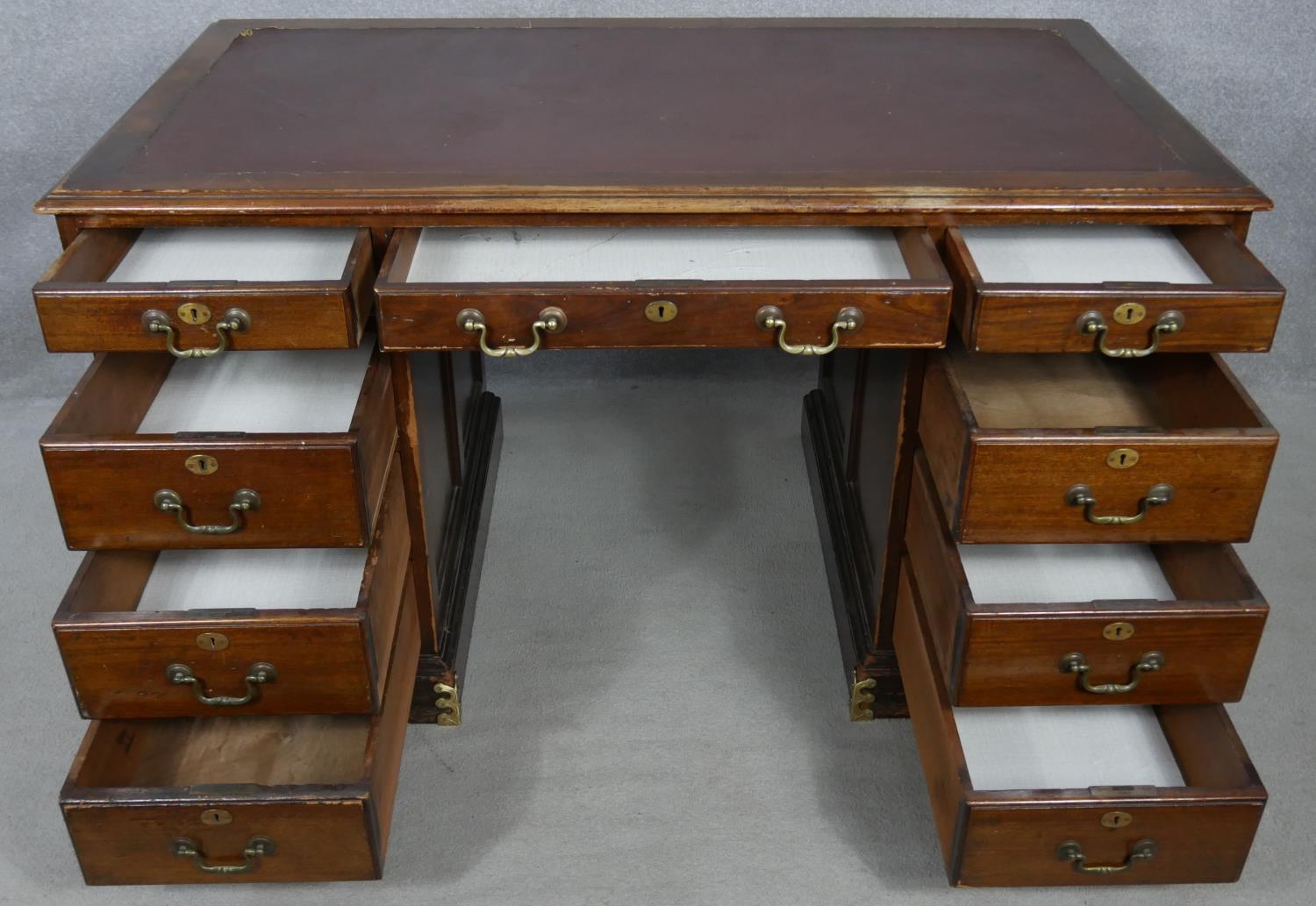 An early 20th century mahogany three section pedestal desk with maker's plaque to the inside and - Image 2 of 8