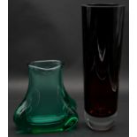 Two Art Glass vases, one with globular form in turquoise and one cylindrical brown cased in clear