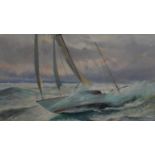 A framed oil on canvas, racing yacht in rough seas, signed Malcolm Winter. H.90 W.100cm