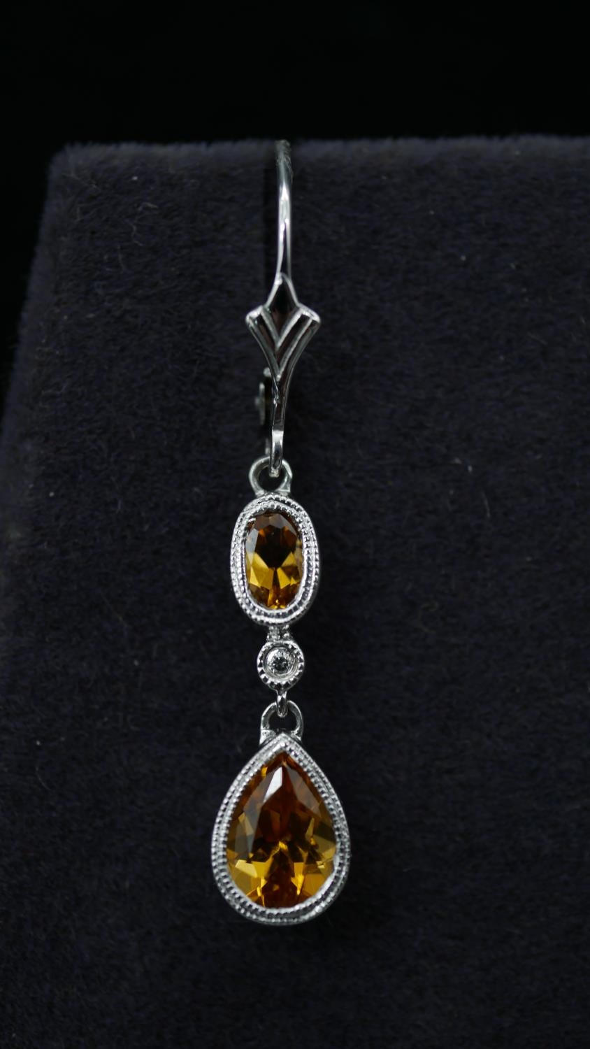 A pair of 14 carat and 9 carat white gold articulated citrine and diamond drop earrings. Each - Image 2 of 5