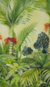 A framed and glazed batik with watercolour on silk, tropical landscape, signed Sage. H.59 W.53cm