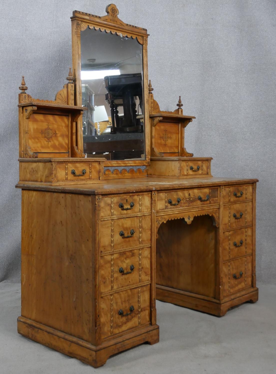 A late 19th century Aesthetic style walnut dressing table with incised carved decoration and ebony - Image 8 of 15