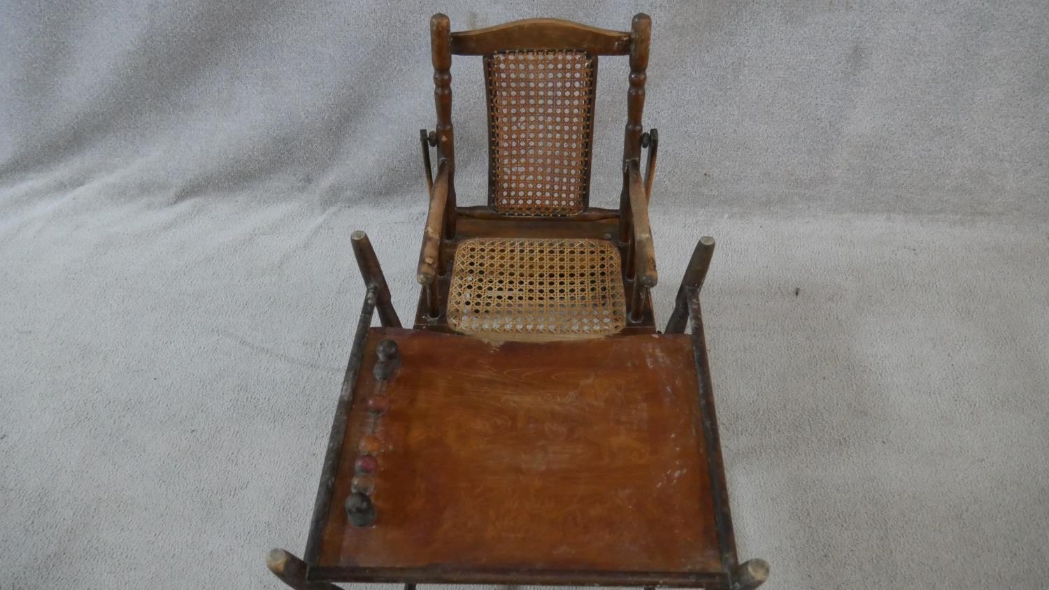 A Victorian beech framed metamorphic child's high chair with fold down tray converting to play - Image 6 of 9