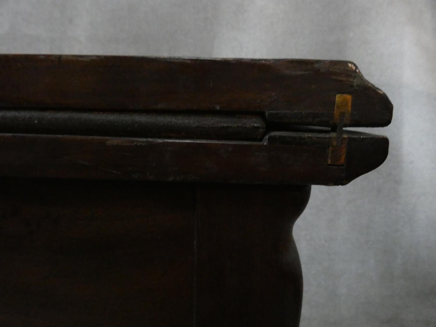 An antique mahogany Louis XV style fold over top card table with tooled leather inset top and pull - Image 7 of 8