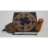 A mid century geometric design velour cushion cover along with a Chinese wooden tea caddy box with