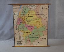 A vintage coloured teaching map of Belgium's transport routes printed on linen, publised by