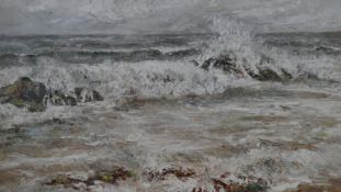 Celia Barrow, a gilt framed oil on canvas, waves crashing onto rocks, signed to reverse. H.74.5 W.