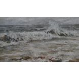 Celia Barrow, a gilt framed oil on canvas, waves crashing onto rocks, signed to reverse. H.74.5 W.