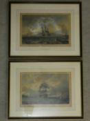 Two framed and glazed antique maritime hand coloured engravings of the HMS Britannia leaving and