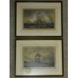 Two framed and glazed antique maritime hand coloured engravings of the HMS Britannia leaving and