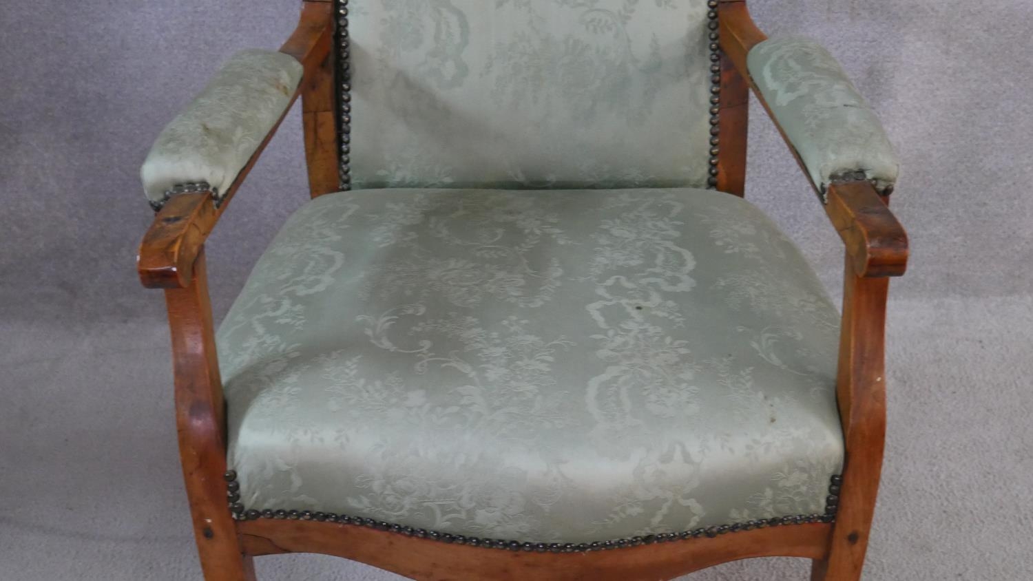 A 19th century French provincial fruitwood armchair in floral damask upholstery. H.109cm - Image 2 of 5