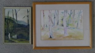A framed and glazed watercolour of a forest, indistincly signed and dated along with a framed oil on