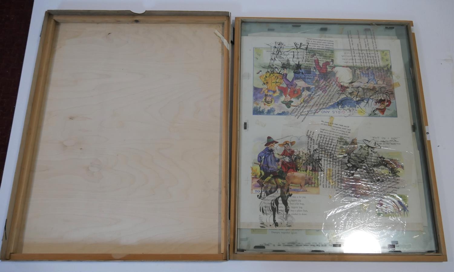 A boxed collection of layout sheets for two different vintage children's books. Some black and white