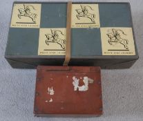 A vintage cardboard lidded White Knight Laundry box with leather strap and labels along with a