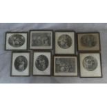 A collection of eight antique framed and glazed hand coloured engravings. Including Lady Jane