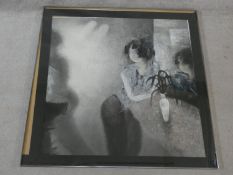 A framed oil on paper, signed and dated, Ding Bin 1992. glass slightly damaged. H.106 W.106cm