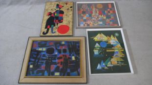 Four framed and glazed abstract prints, one Miro, one Monessier and Paul Klee. (one mounted on wood,