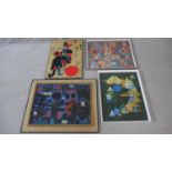 Four framed and glazed abstract prints, one Miro, one Monessier and Paul Klee. (one mounted on wood,