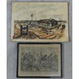 A framed and glazed antique etching of Tom Molineaux vs Tom Cribb along with a ink drawing on