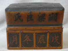 An antique Japanese woven straw lidded box with character mark decoration and metal studding to