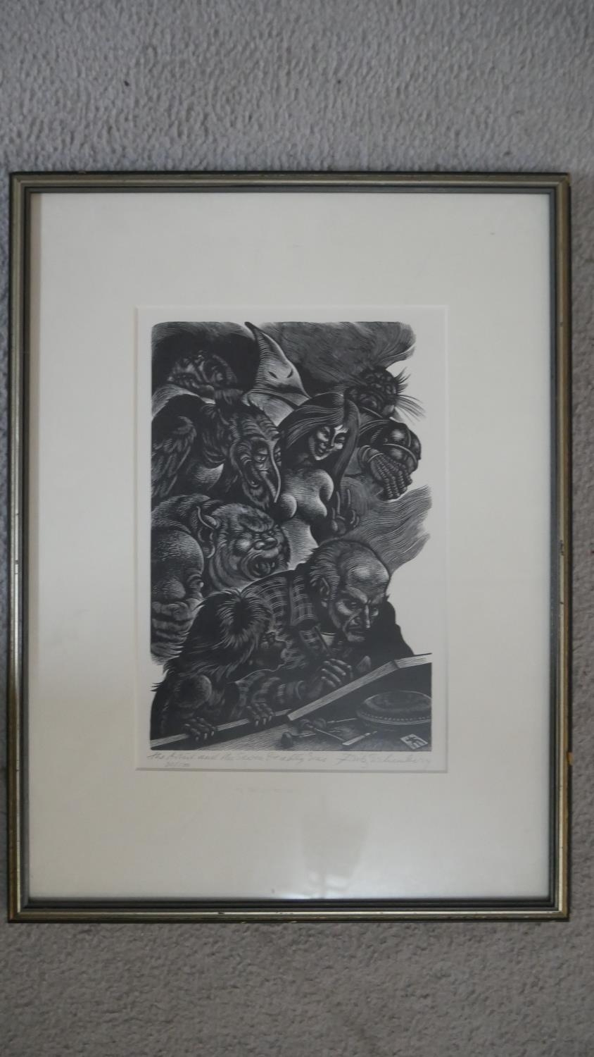 A framed and glazed woodcut on paper by Fritz Eichenberg, titled 'The Artist and the Seven Deadly - Image 2 of 7