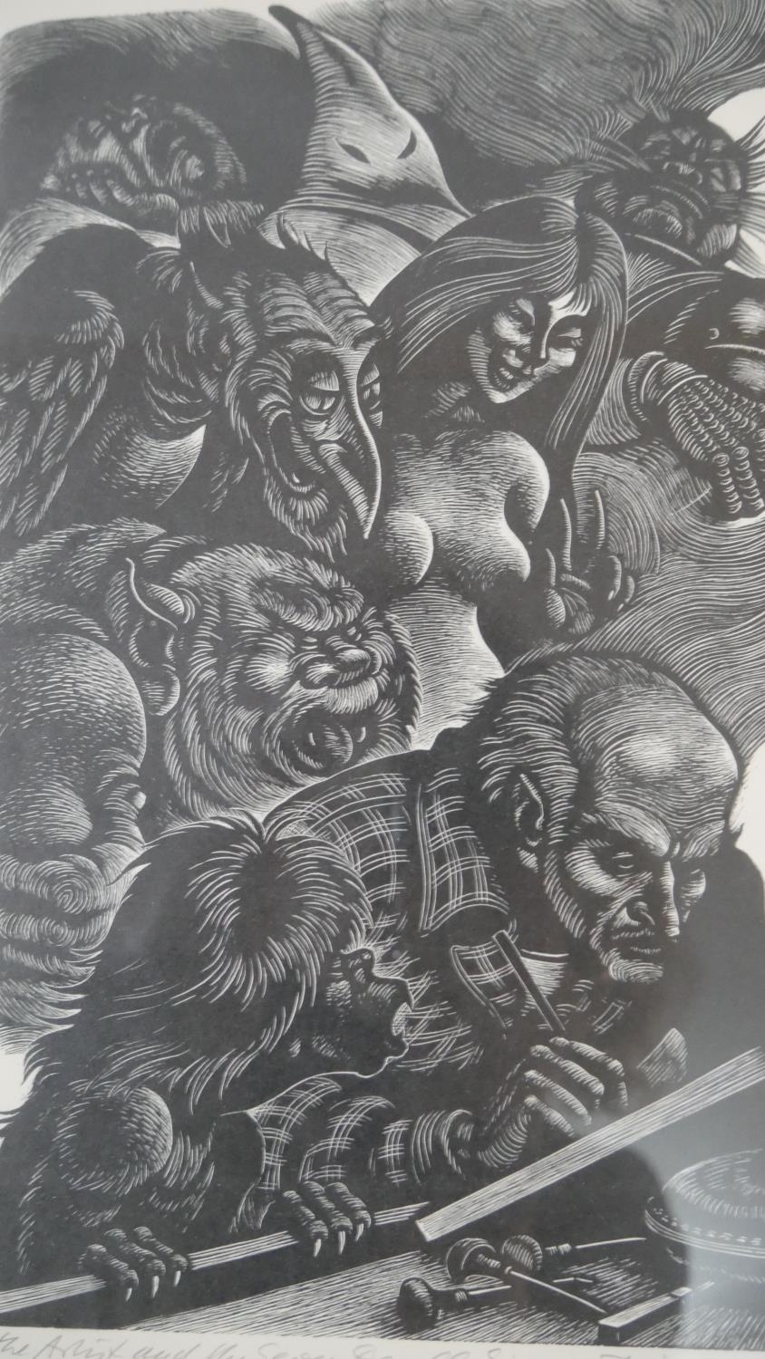 A framed and glazed woodcut on paper by Fritz Eichenberg, titled 'The Artist and the Seven Deadly