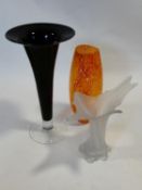 A collection of studio glass. Inlcuding an orange and yellow blown Kosta Boda glass vase, signed,