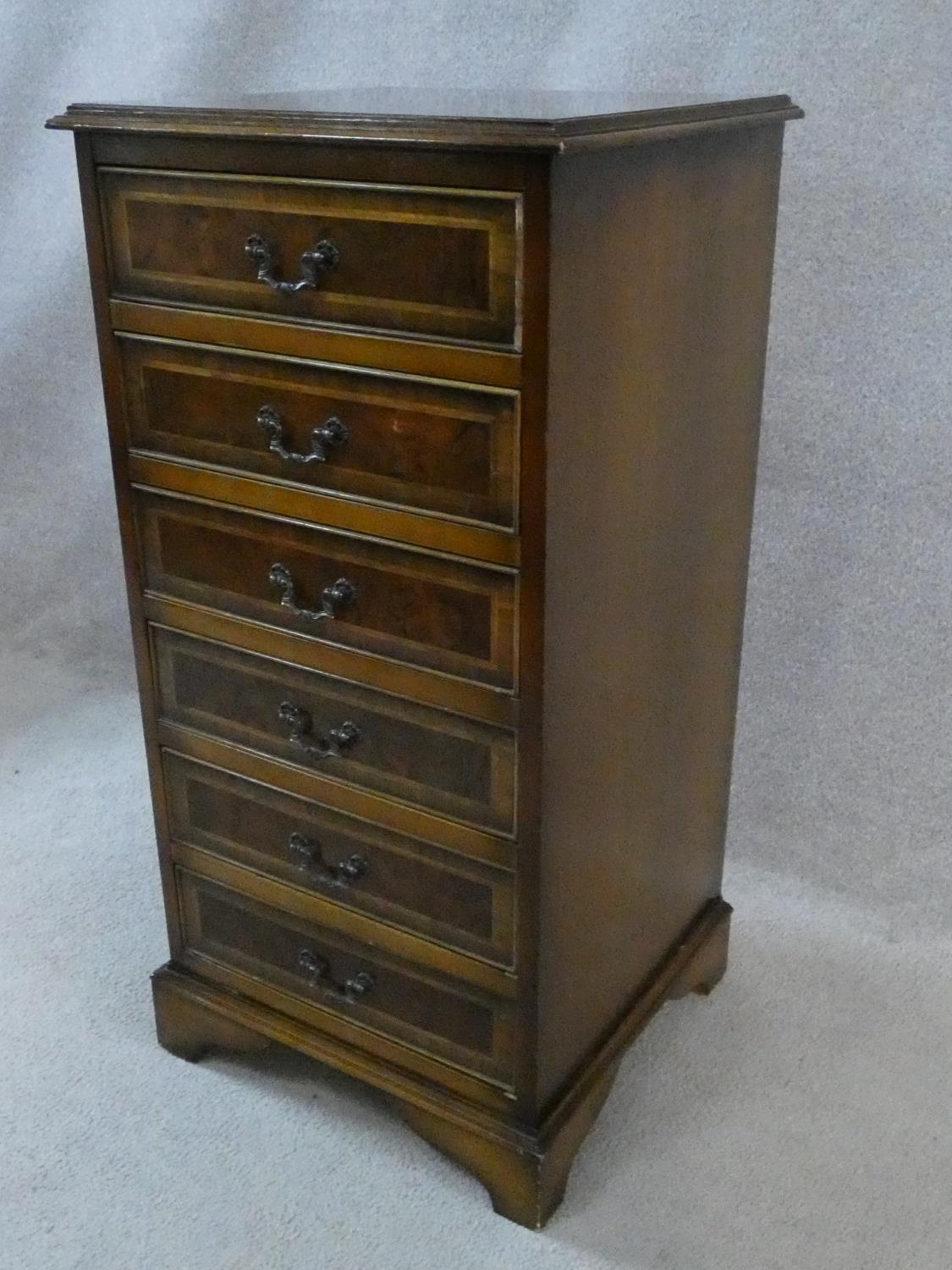A Georgian style burr walnut and crossbanded small chest of six drawers on bracket feet. H.88 W.44 - Image 8 of 8