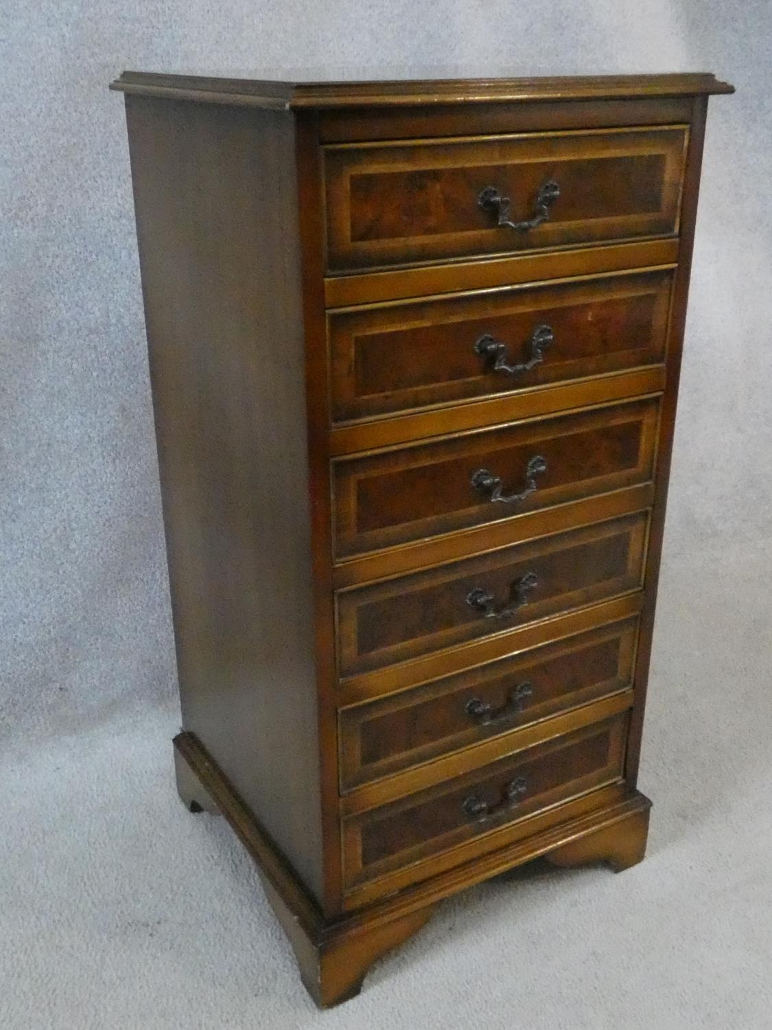 A Georgian style burr walnut and crossbanded small chest of six drawers on bracket feet. H.88 W.44 - Image 7 of 8