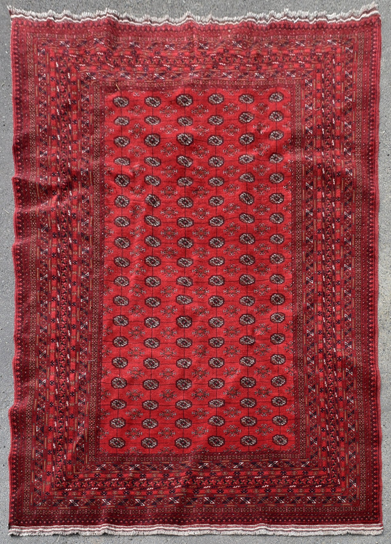 An Afghan Bokhara carpet with repeating gul motifs across the madder field enclosed by geometric