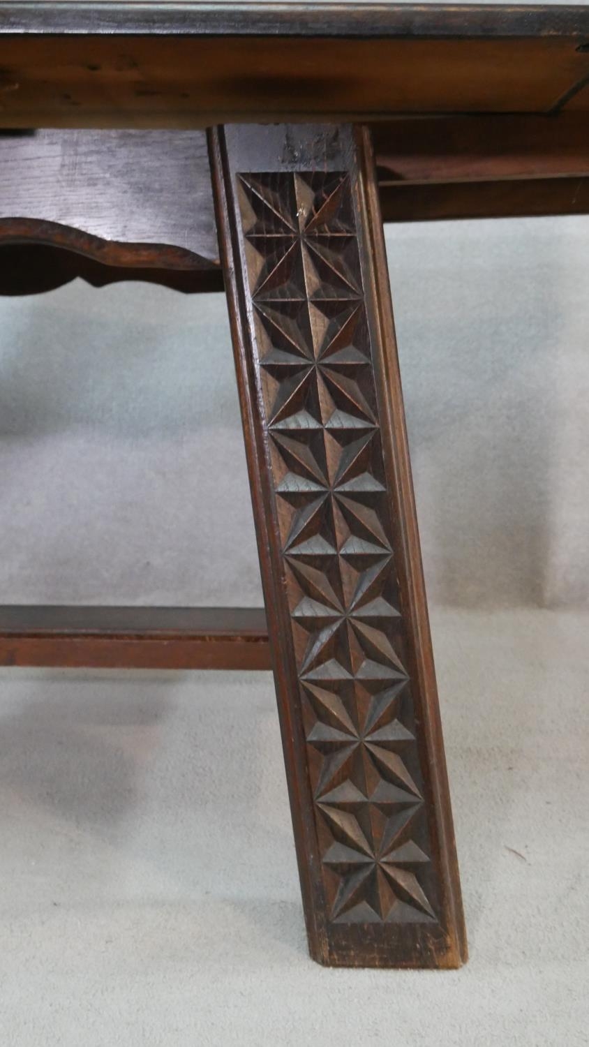 A vintage oak draw leaf dining table on carved square stretchered and pegged supports. H.76 L.267 - Image 3 of 6