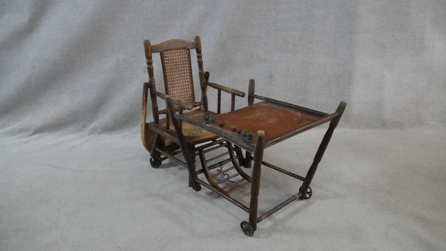A Victorian beech framed metamorphic child's high chair with fold down tray converting to play - Image 4 of 9