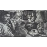 A signed limited edition etching, The Waiting, indistinctly signed and dated. H.57.5 W.76cm