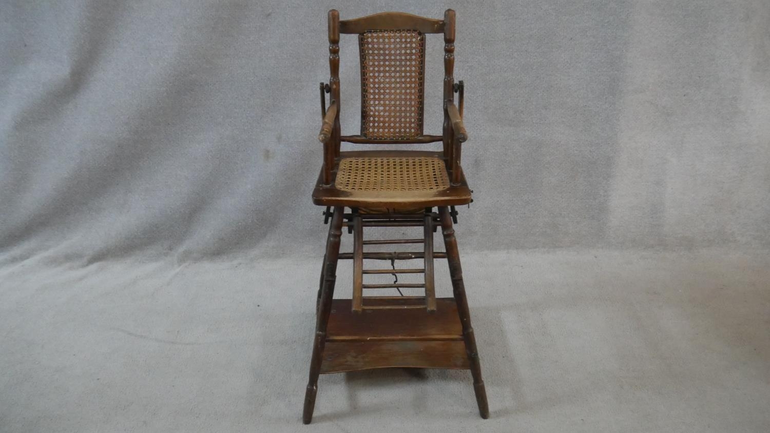 A Victorian beech framed metamorphic child's high chair with fold down tray converting to play - Image 2 of 9