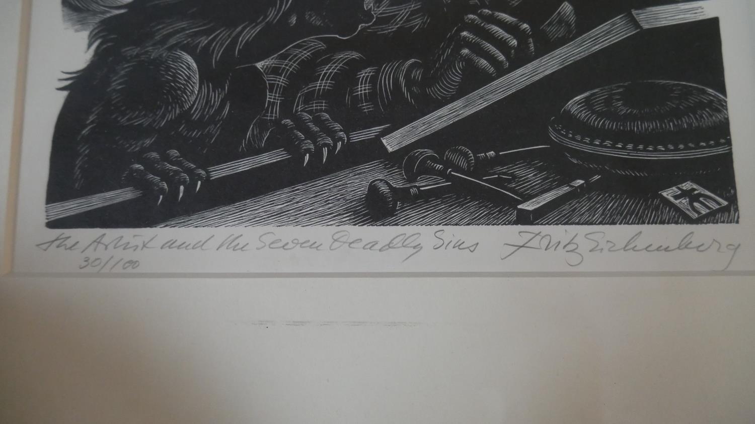 A framed and glazed woodcut on paper by Fritz Eichenberg, titled 'The Artist and the Seven Deadly - Image 3 of 7