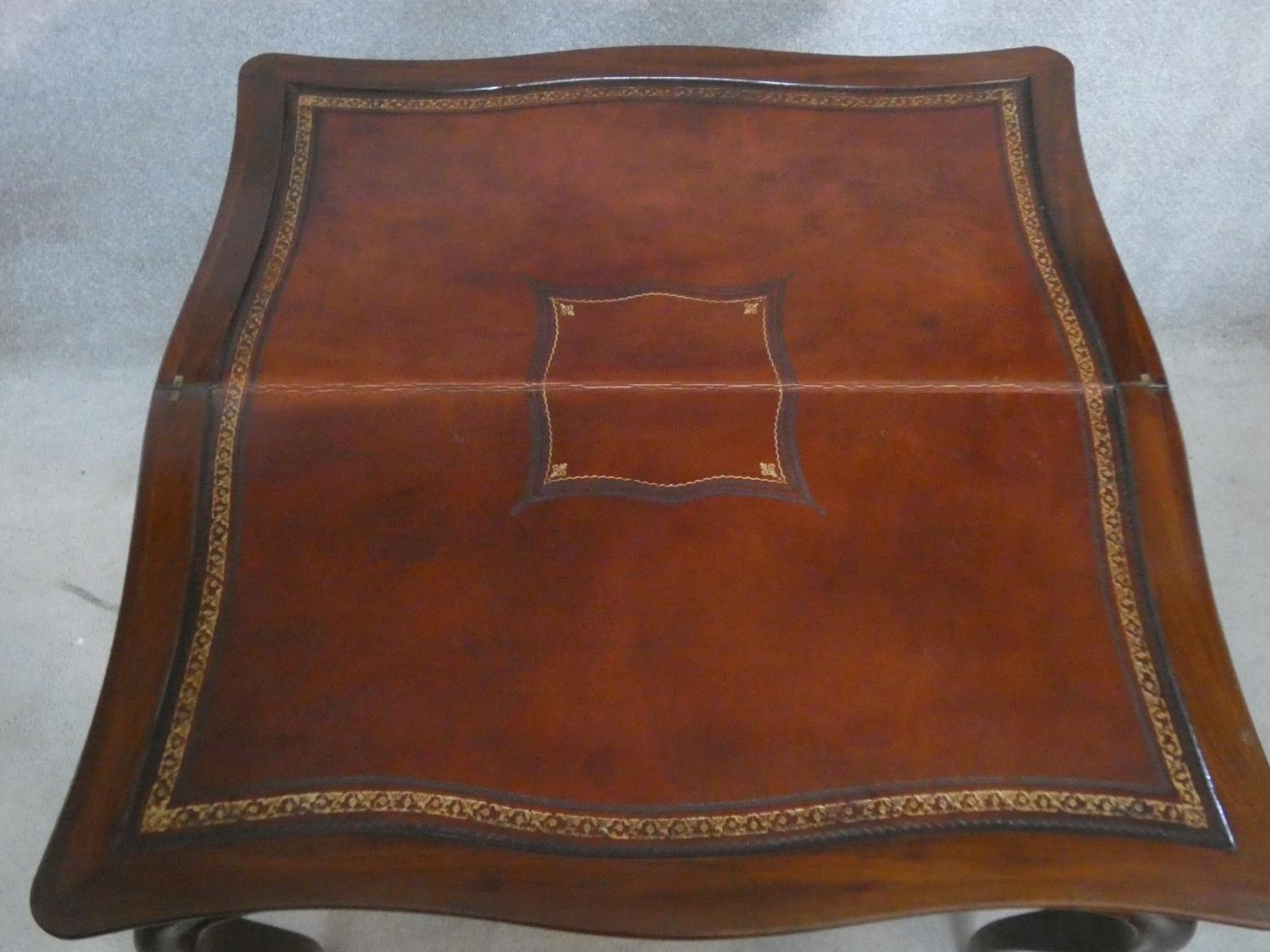 An antique mahogany Louis XV style fold over top card table with tooled leather inset top and pull - Image 4 of 8