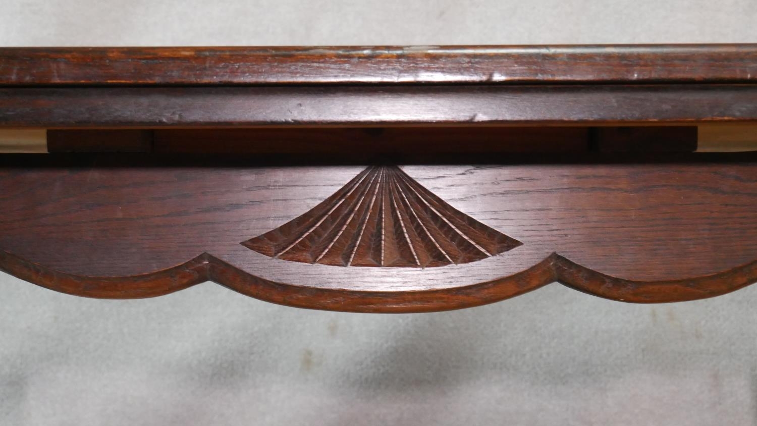 A vintage oak draw leaf dining table on carved square stretchered and pegged supports. H.76 L.267 - Image 4 of 6