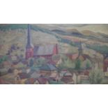 A framed oil on canvas, townscape, preparatory sketch to the reverse, unsigned. H.71.5 W.86.5cm