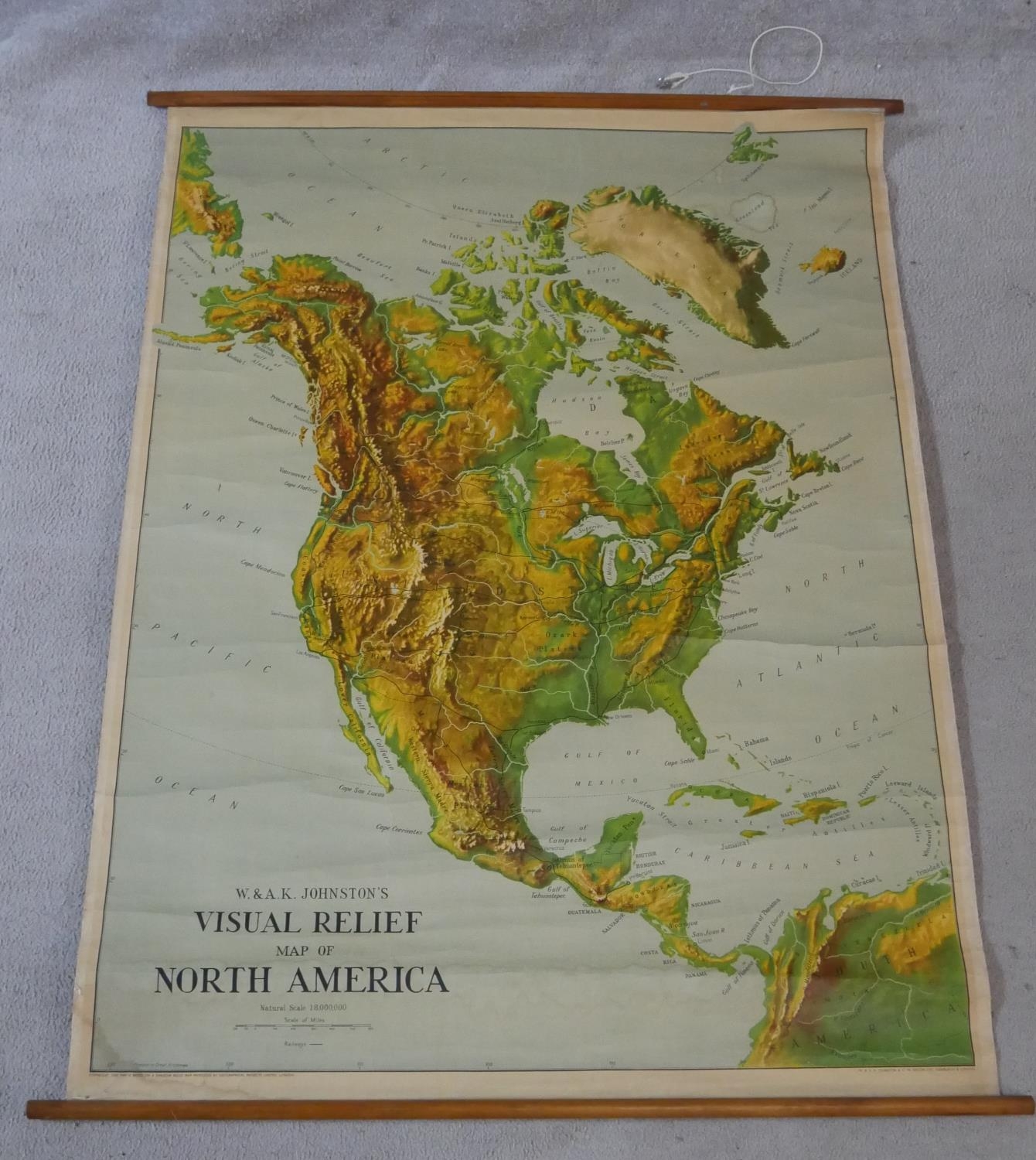 A Large University Chart ?Visual relief Map of North America? by W.A.K Johnston and G.W. Bacon,