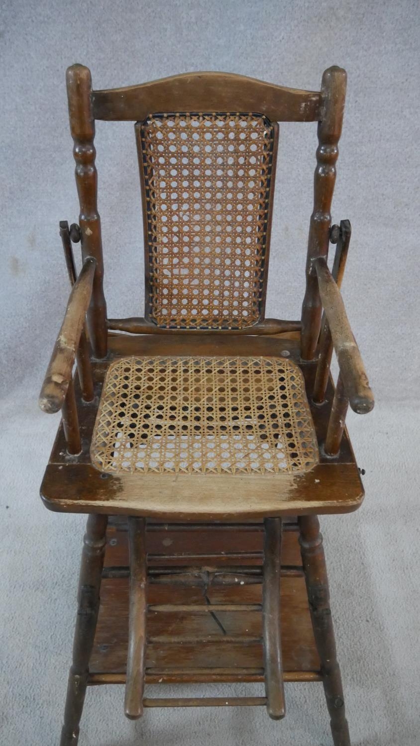 A Victorian beech framed metamorphic child's high chair with fold down tray converting to play - Image 3 of 9