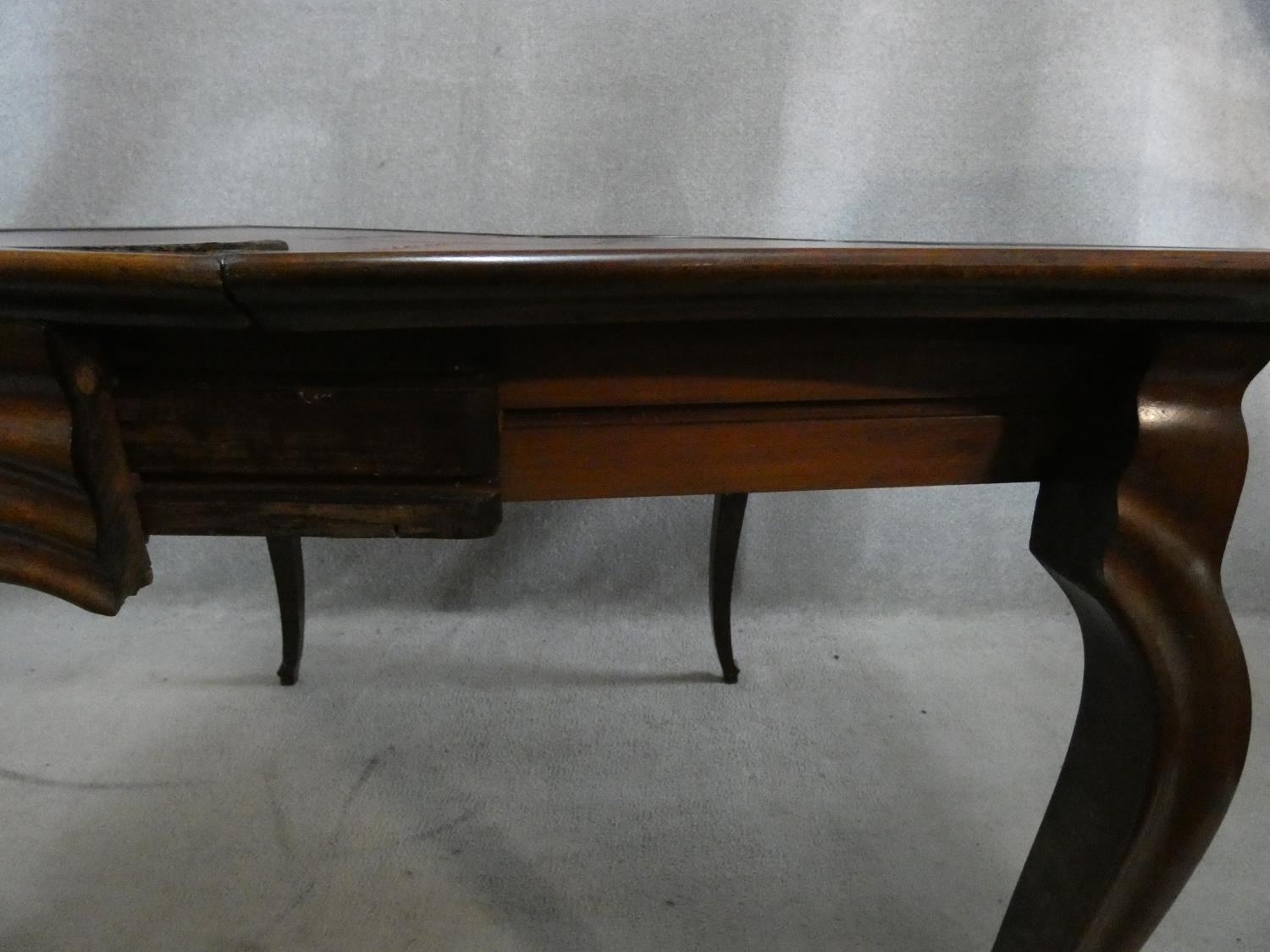 An antique mahogany Louis XV style fold over top card table with tooled leather inset top and pull - Image 5 of 8