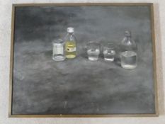 A framed oil on canvas, still life, Cristales y Aqua, unsigned, gallery label to reverse. H.64 W.