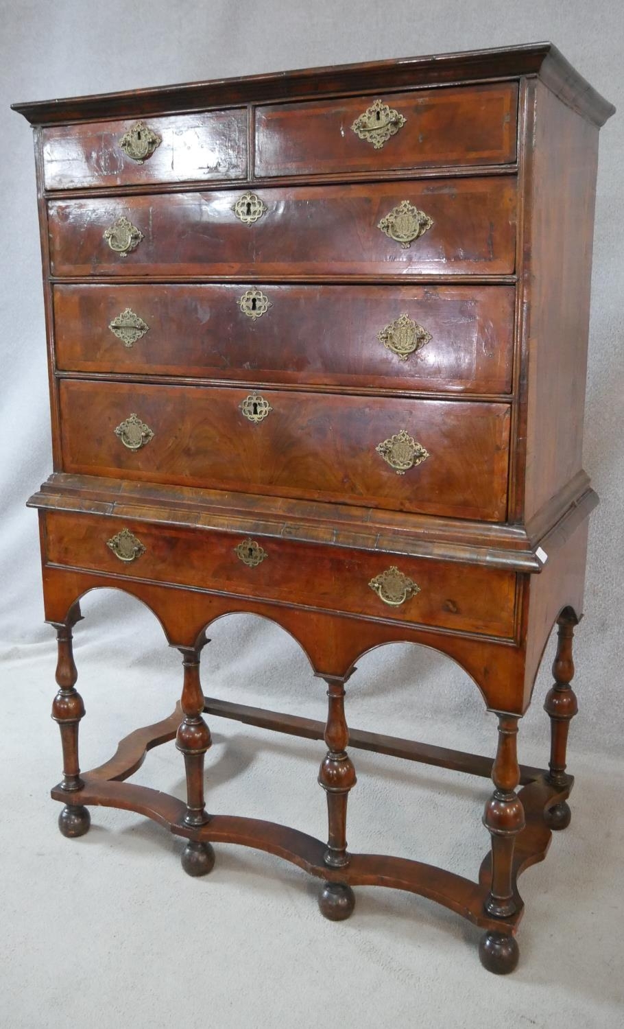 A Queen Anne walnut and feather banded chest on stand with two short and three long graduated - Image 6 of 12