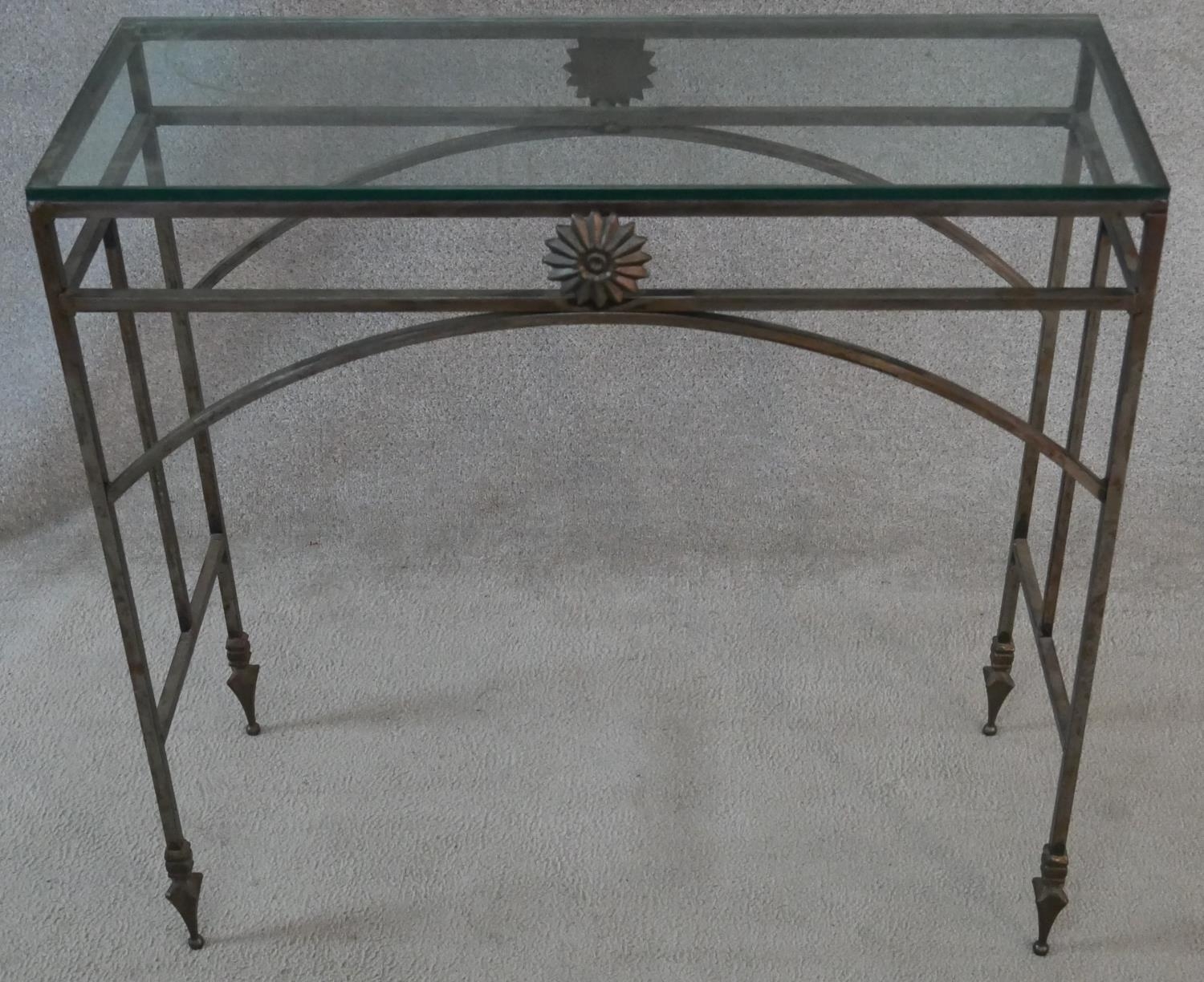 A Neoclassical style wrought iron console table with plate glass top. H.75.5 L.76 W.29cm - Image 2 of 5