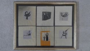 A framed and glazed ink on tissue paper with six surrealist figures. Unsigned. H.38.5 W.50.5cm