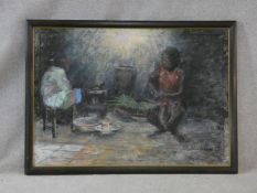 A large framed oil on canvas, interior scene, indistinctly signed and dated. H.94 W.128cm