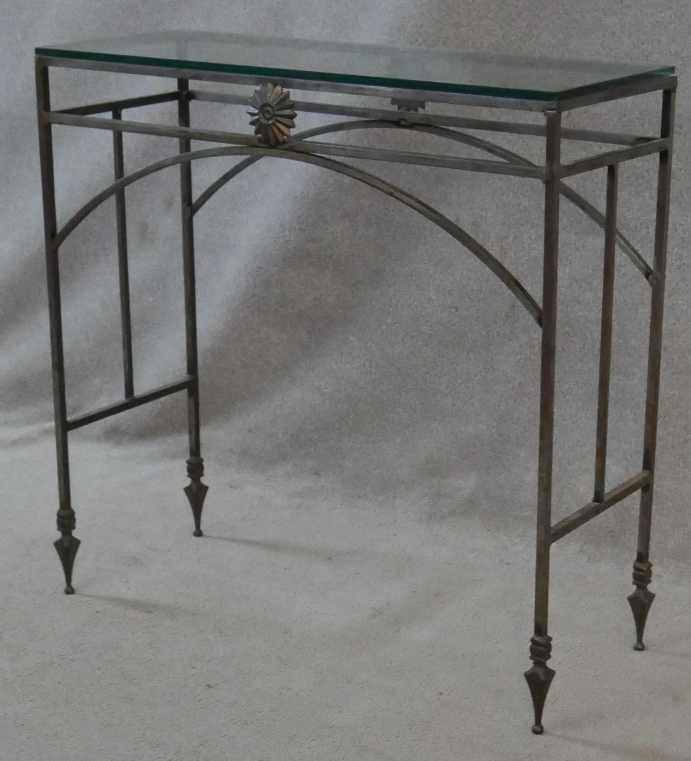 A Neoclassical style wrought iron console table with plate glass top. H.75.5 L.76 W.29cm - Image 4 of 5
