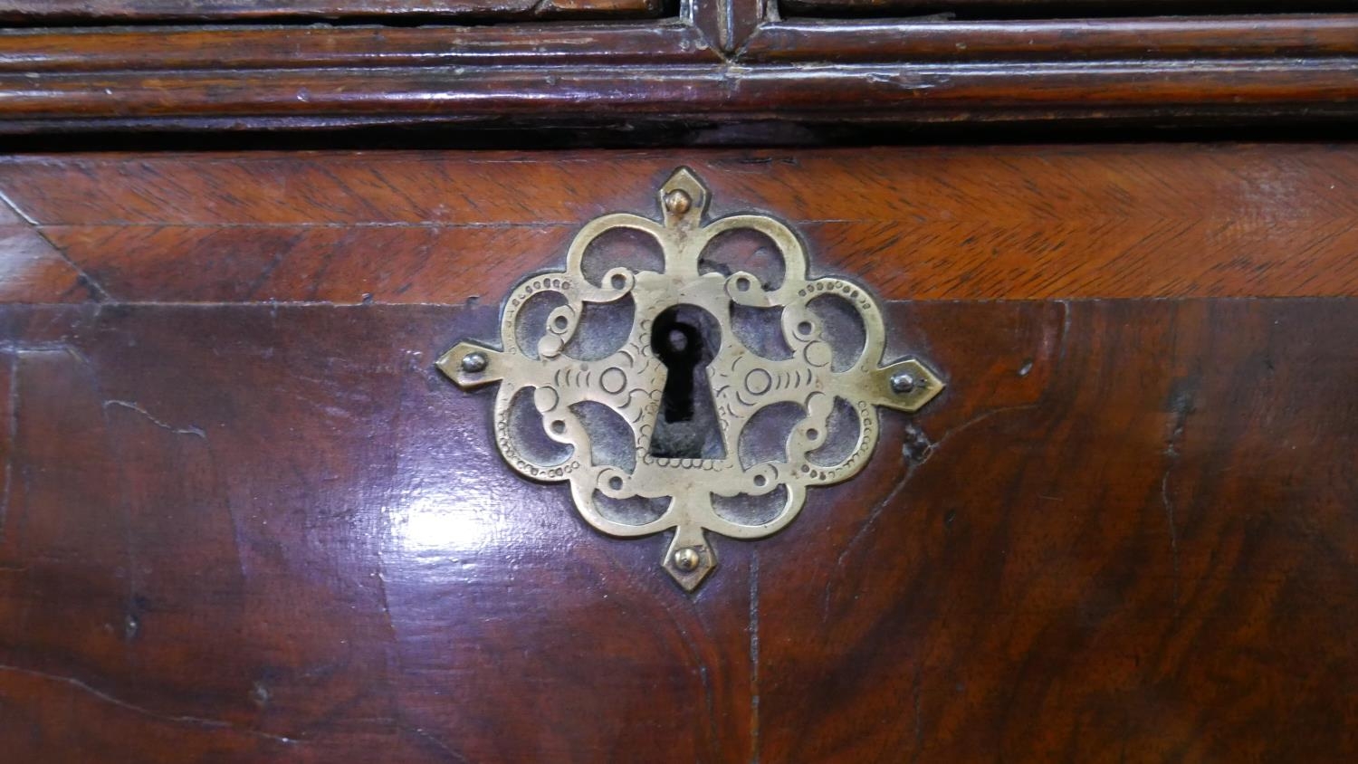 A Queen Anne walnut and feather banded chest on stand with two short and three long graduated - Image 3 of 12