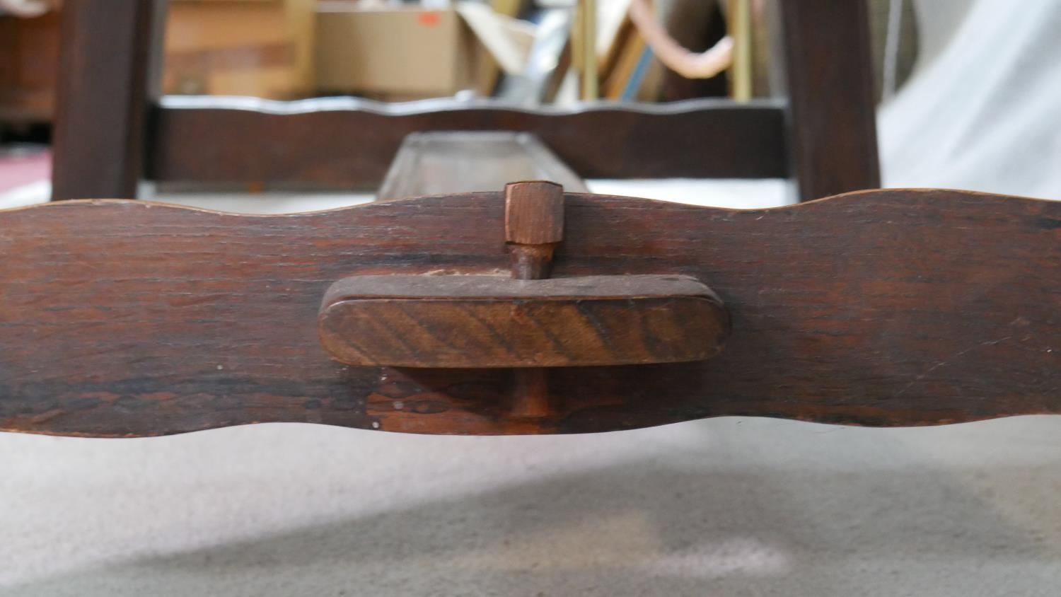 A vintage oak draw leaf dining table on carved square stretchered and pegged supports. H.76 L.267 - Image 5 of 6