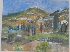 A mono print by Joy Paul, Hills of Patmos, signed, framed and glazed. H.54 W.64cm